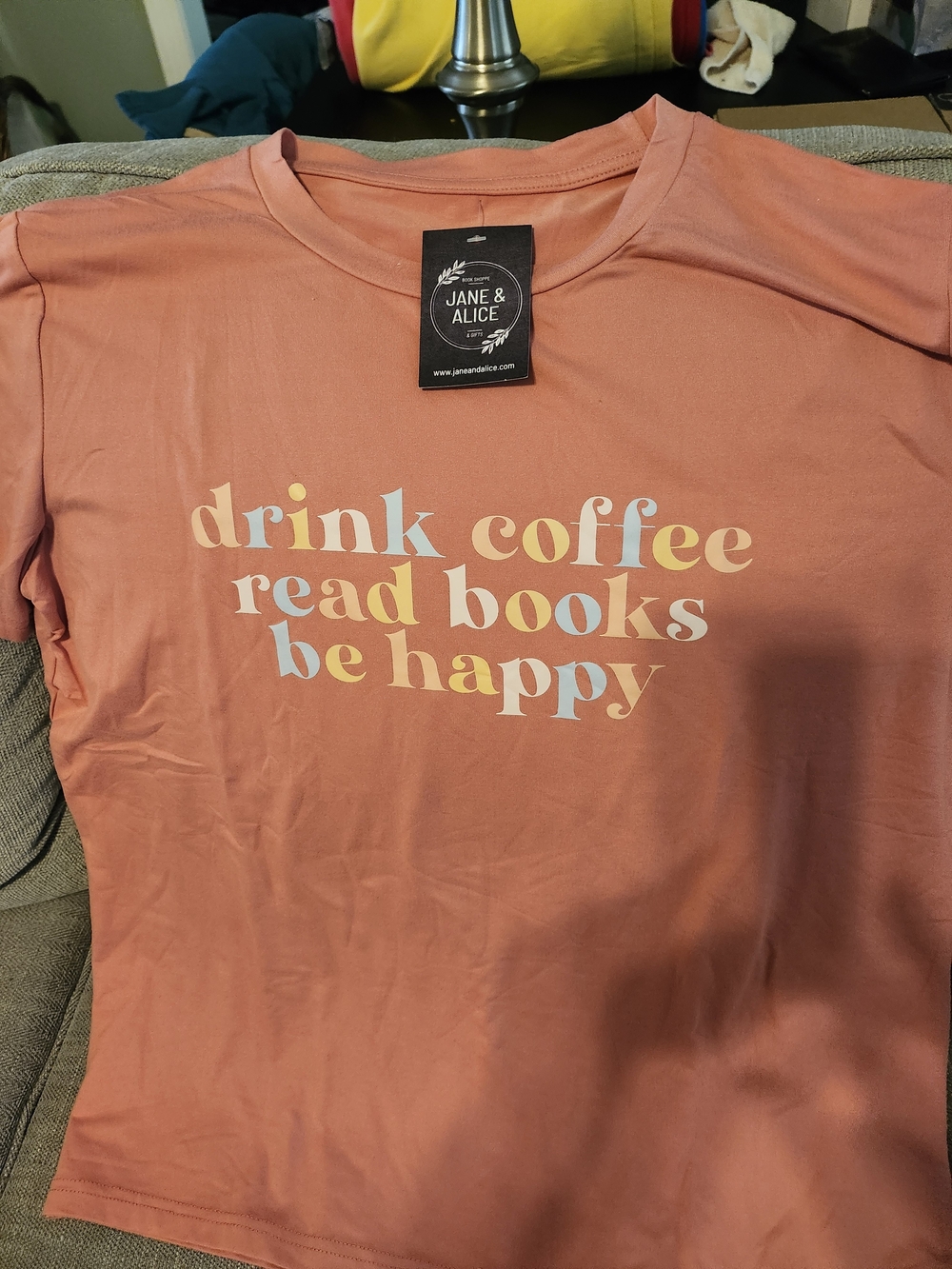 Coral Pink Graphic Tee - Drink Coffee Read Books Be Happy
